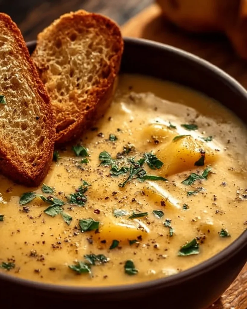 Bowl of hearty cheddar garlic herb potato soup topped with herbs
