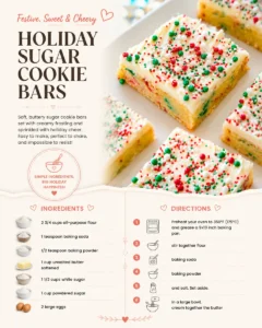 Delicious holiday sugar cookie bars decorated with icing and sprinkles
