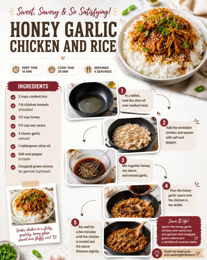 Honey Garlic Chicken served with rice, topped with green onions and sesame seeds.