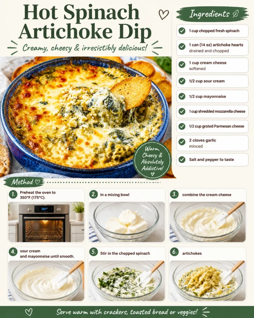 Delicious hot spinach artichoke dip served in a bowl with dipping chips