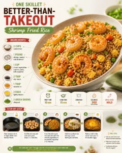 Delicious One Skillet Shrimp Fried Rice served in a bowl, garnished with green onions.