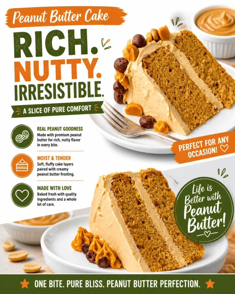 Delicious homemade Peanut Butter Cake topped with creamy frosting on a plate.