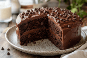 A slice of rich and moist double chocolate chip cake on a plate.