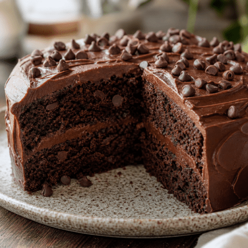 A slice of rich and moist double chocolate chip cake on a plate.