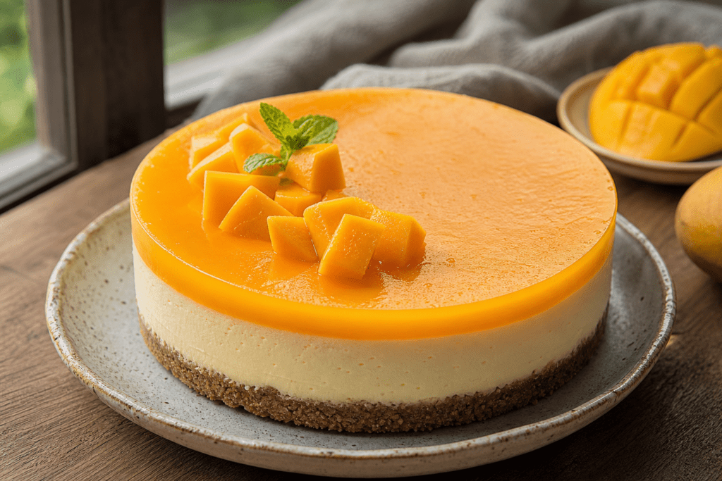 A slice of creamy mango cheesecake with a vibrant mango topping.