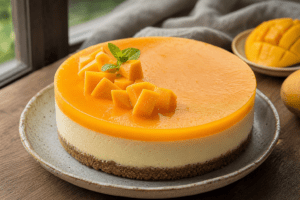 A slice of creamy mango cheesecake with a vibrant mango topping.