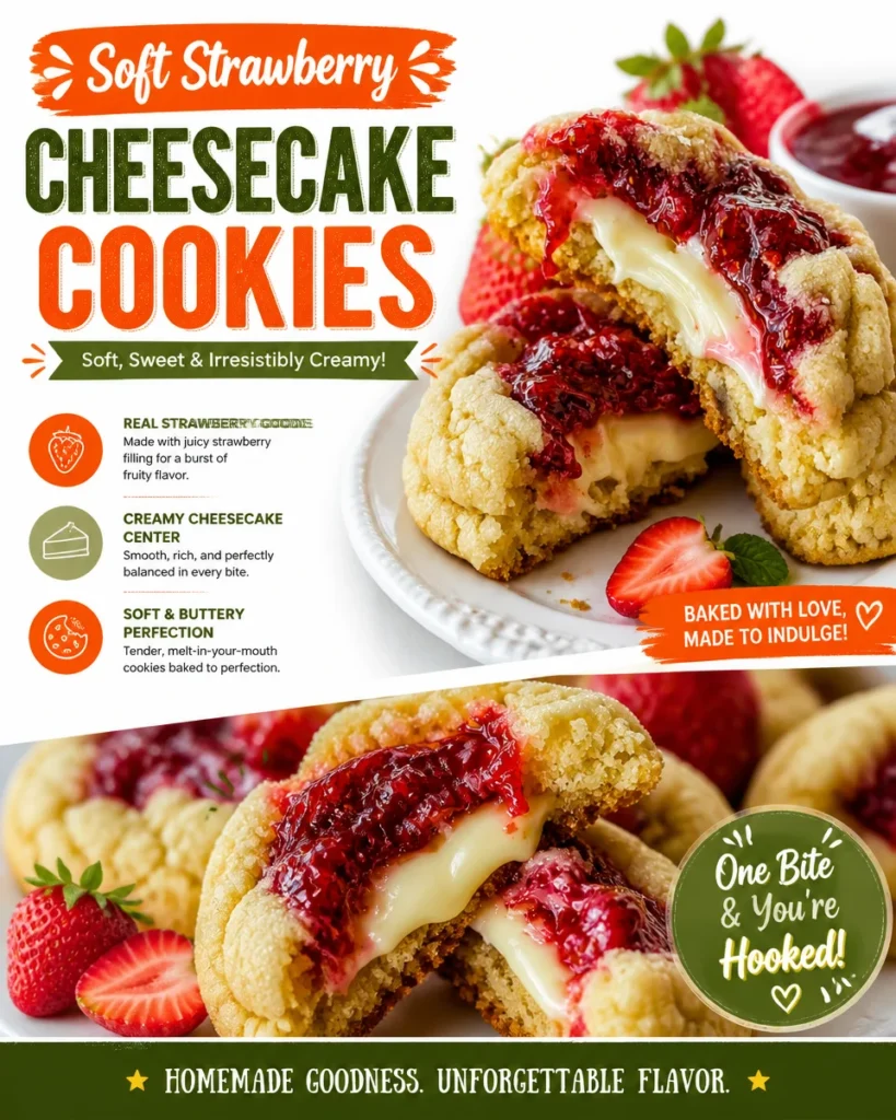 Soft strawberry cheesecake cookies on a white plate garnished with fresh strawberries.