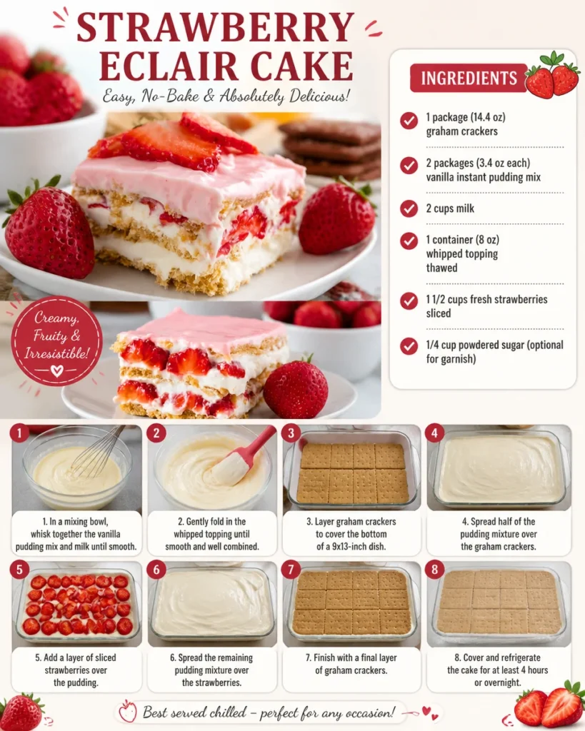 Delicious strawberry eclair cake topped with fresh strawberries and cream