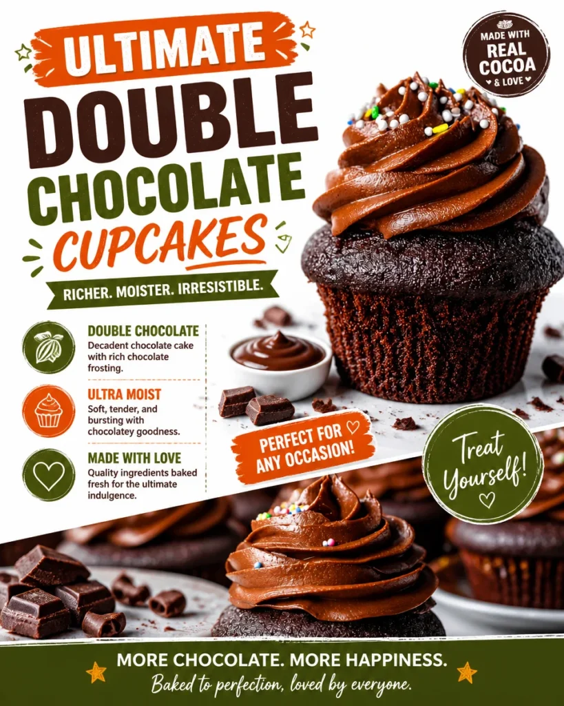 Ultimate double chocolate cupcakes topped with chocolate frosting