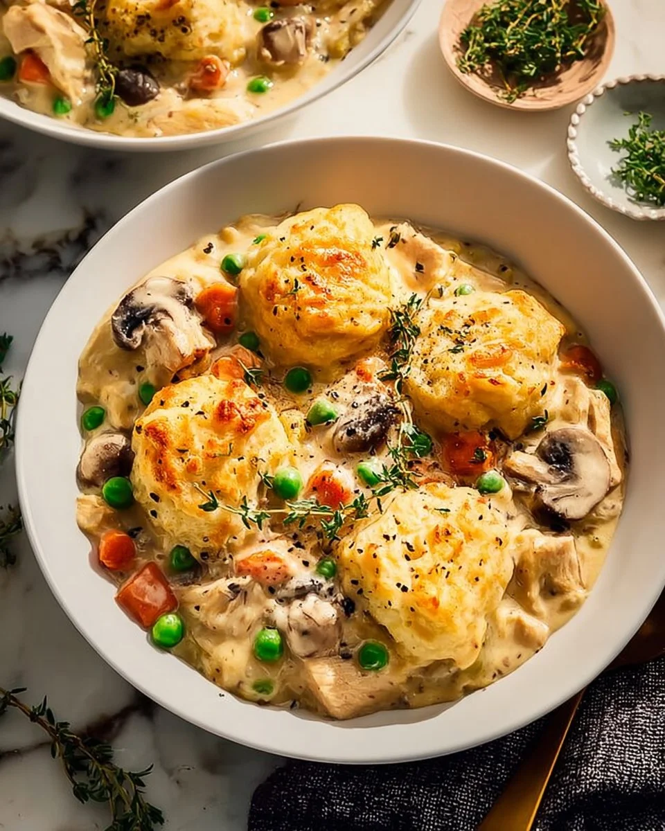 Creamy chicken pot pie with flaky crust and vegetables in a savory sauce