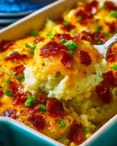 Loaded Twice Baked Potato Casserole topped with cheese and bacon