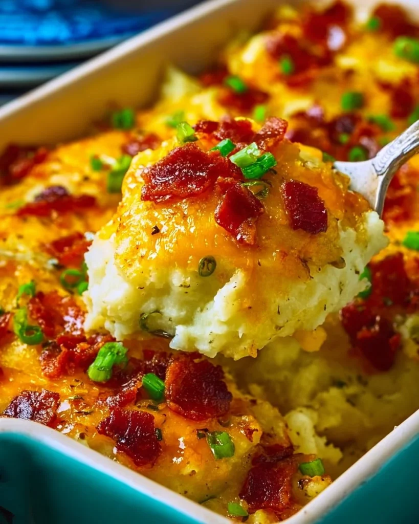 Loaded Twice Baked Potato Casserole topped with cheese and bacon
