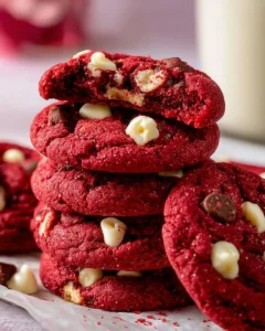 Delicious Red Velvet Chocolate Chip Cookies on a plate
